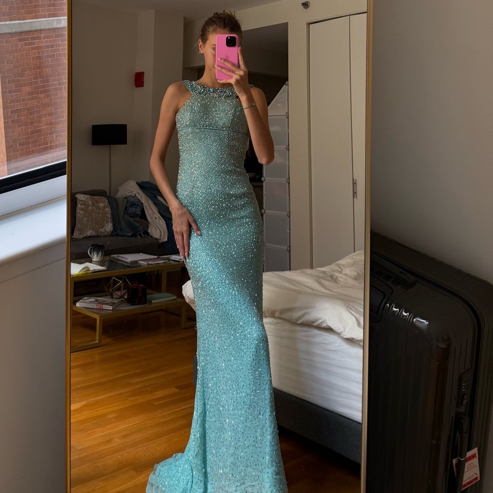 Sherri Hill Aqua Gown with Sparkling Accents